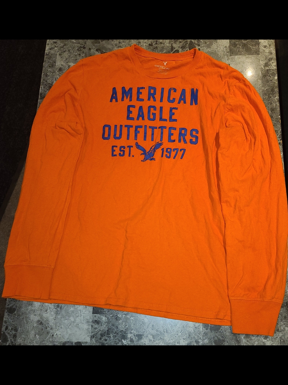 American Eagle Outfitters Bright Orange Long-Sleeve Shirt with Blue Logo